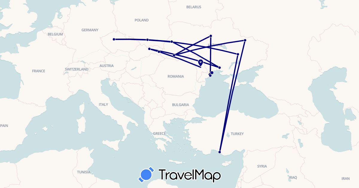 TravelMap itinerary: driving in Czech Republic, Moldova, Poland, Slovakia, Turkey, Ukraine (Asia, Europe)